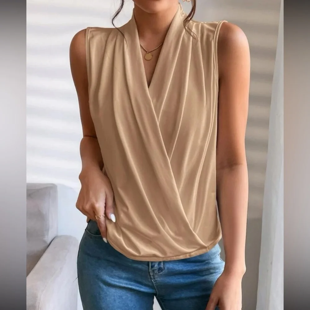 Luxe camel surplice neck wrap top - Picture 4 of 16